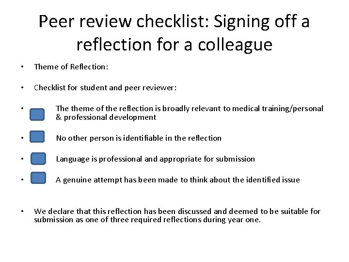Peer review checklist: Signing off a reflection for a colleague • Theme of Reflection: