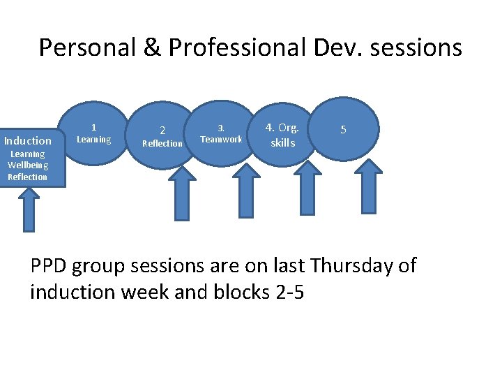 Personal & Professional Dev. sessions Induction Learning Wellbeing Reflection 1 Learning 2 Reflection 3.