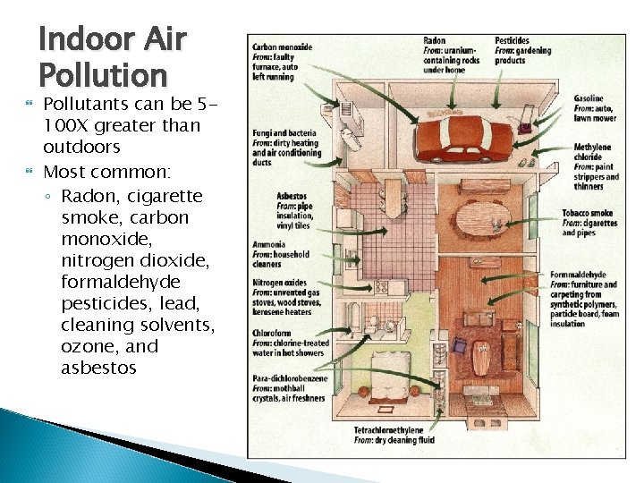  Indoor Air Pollution Pollutants can be 5100 X greater than outdoors Most common: