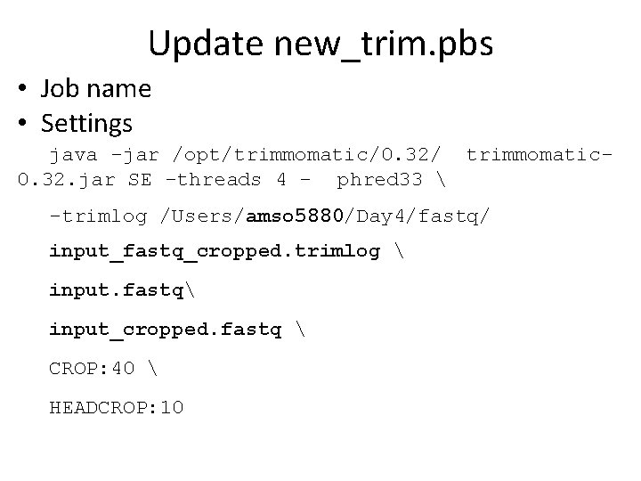 Update new_trim. pbs • Job name • Settings java -jar /opt/trimmomatic/0. 32/ trimmomatic 0.