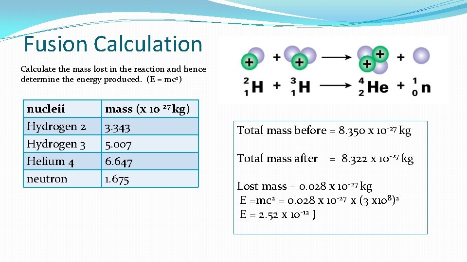 Fusion Calculate the mass lost in the reaction and hence determine the energy produced.