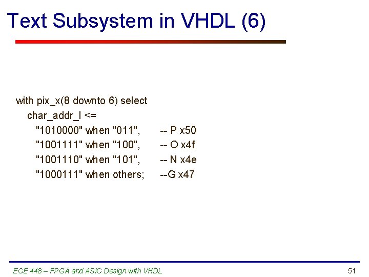 Text Subsystem in VHDL (6) with pix_x(8 downto 6) select char_addr_l <= "1010000" when