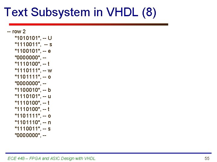 Text Subsystem in VHDL (8) -- row 2 "1010101", -- U "1110011", -- s