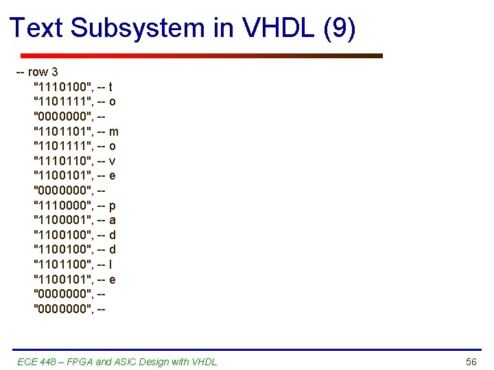 Text Subsystem in VHDL (9) -- row 3 "1110100", -- t "1101111", -- o