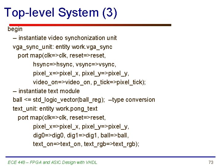 Top-level System (3) begin -- instantiate video synchonization unit vga_sync_unit: entity work. vga_sync port