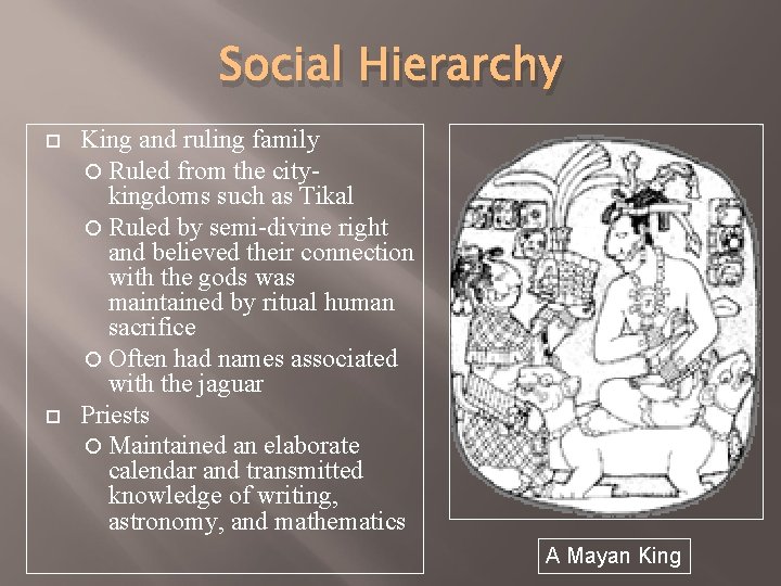 Social Hierarchy King and ruling family Ruled from the citykingdoms such as Tikal Ruled