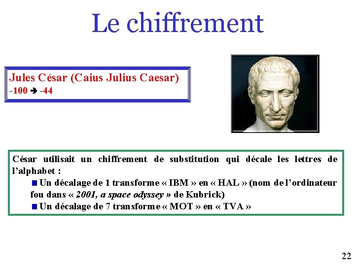 Le chiffrement Jules César (Caius Julius Caesar) -100 -44 César utilisait un chiffrement de