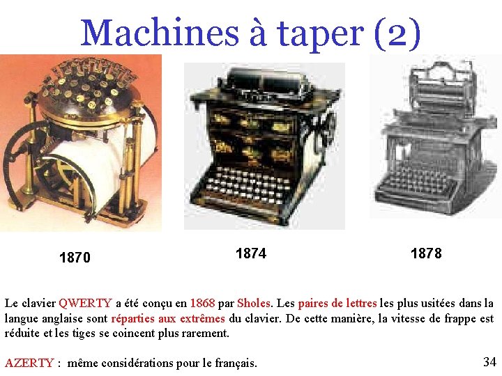 Machines à taper (2) 1870 1874 1878 Le clavier QWERTY a été conçu en