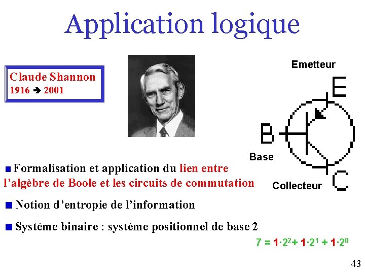 Application logique Emetteur Claude Shannon 1916 2001 Base Formalisation et application du lien entre