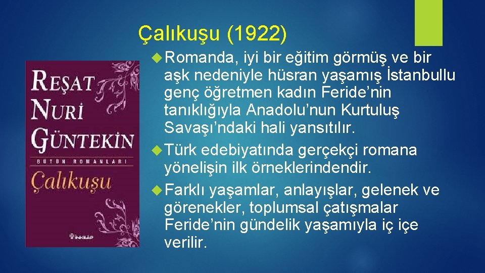 Çalıkuşu (1922) Romanda, iyi bir eğitim görmüş ve bir aşk nedeniyle hüsran yaşamış İstanbullu