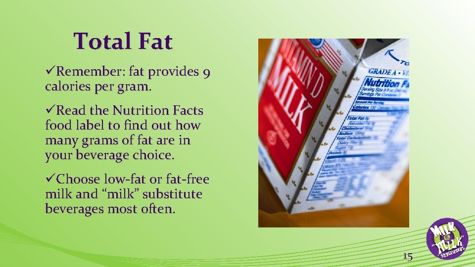 Total Fat üRemember: fat provides 9 calories per gram. üRead the Nutrition Facts food