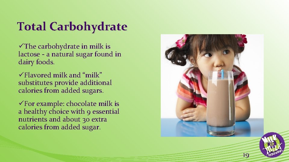 Total Carbohydrate üThe carbohydrate in milk is lactose - a natural sugar found in