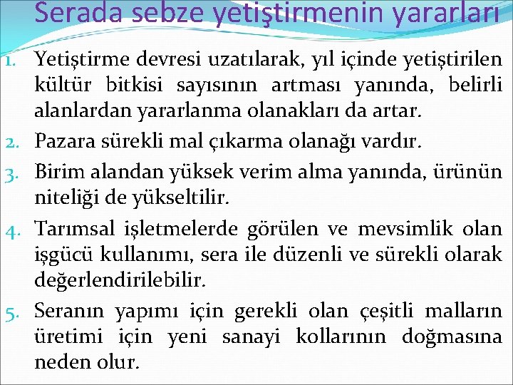 Serada sebze yetiştirmenin yararları 1. Yetiştirme devresi uzatılarak, yıl içinde yetiştirilen kültür bitkisi sayısının