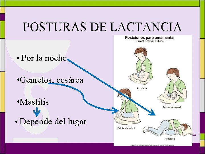 POSTURAS DE LACTANCIA • Por la noche • Gemelos, cesárea • Mastitis • Depende