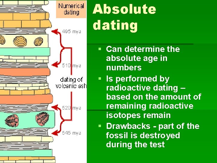 Absolute dating § Can determine the absolute age in numbers § Is performed by