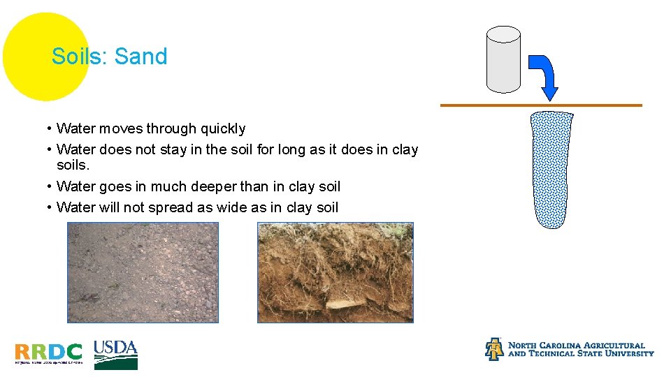 Soils: Sand • Water moves through quickly • Water does not stay in the