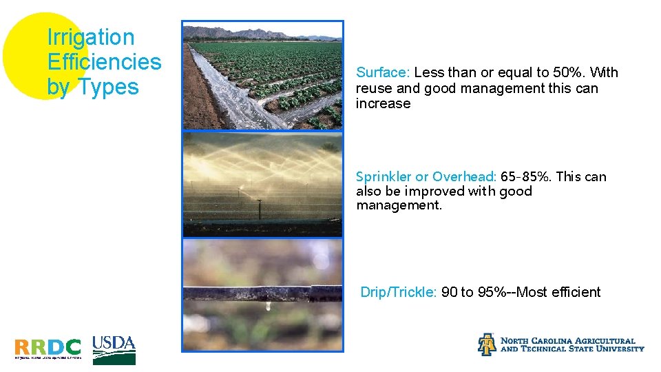 Irrigation Efficiencies by Types Surface: Less than or equal to 50%. With reuse and