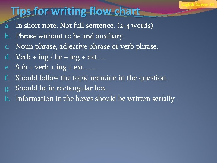 Tips for writing flow chart a. b. c. d. e. f. g. h. In