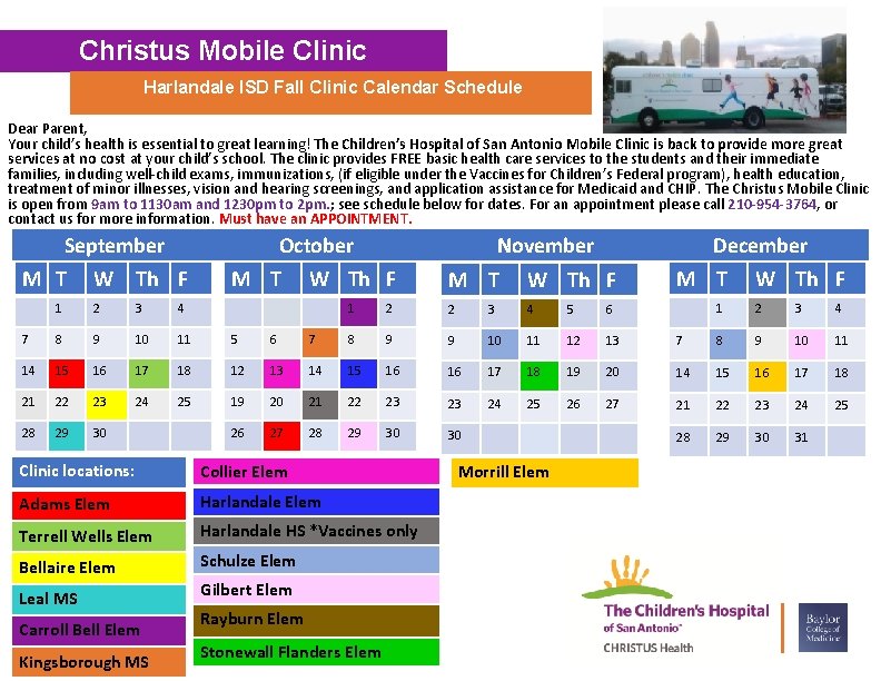 Christus Mobile Clinic Harlandale ISD Fall Clinic Calendar Schedule Dear Parent, Your child’s health