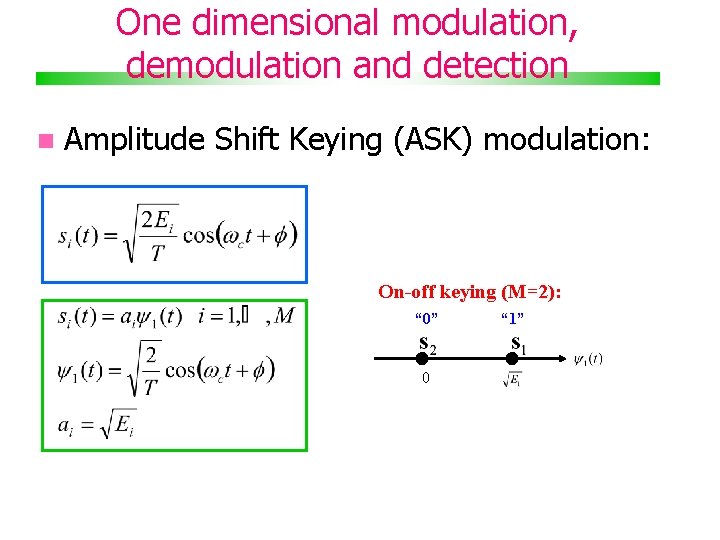 One dimensional modulation, demodulation and detection Amplitude Shift Keying (ASK) modulation: On-off keying (M=2):