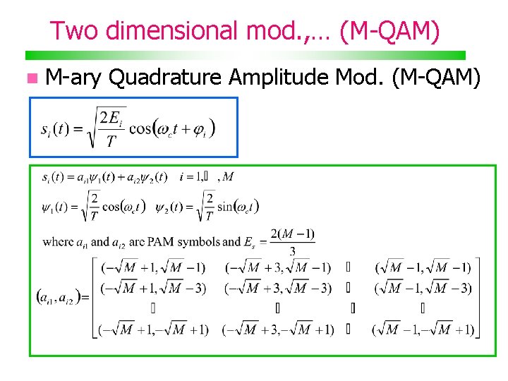 Two dimensional mod. , … (M-QAM) M-ary Quadrature Amplitude Mod. (M-QAM) 