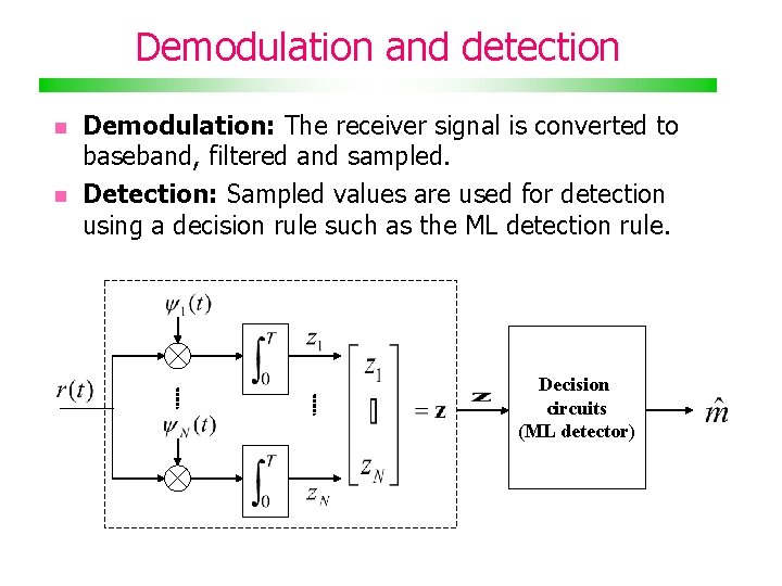 Demodulation and detection Demodulation: The receiver signal is converted to baseband, filtered and sampled.