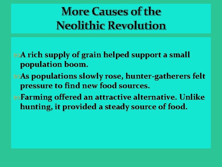 More Causes of the Neolithic Revolution A rich supply of grain helped support a
