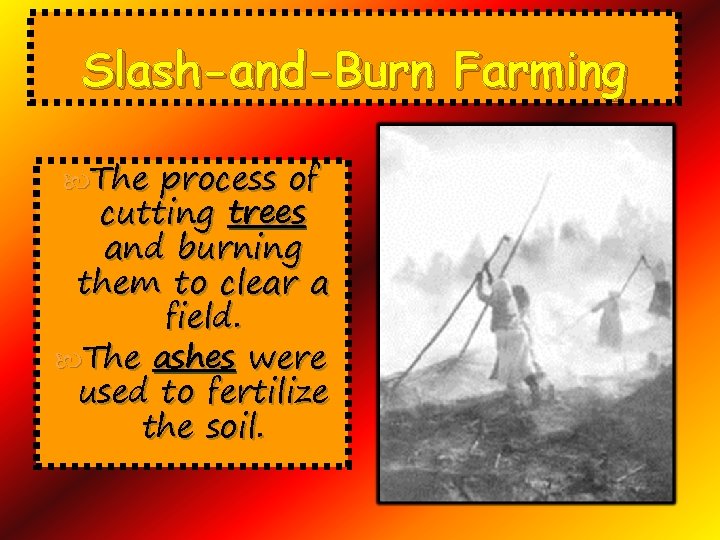 Slash-and-Burn Farming The process of cutting trees and burning them to clear a field.