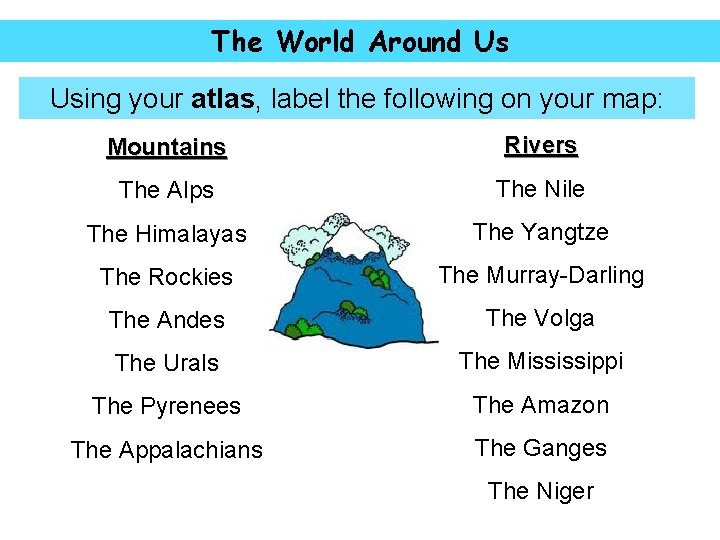 The World Around Us Using your atlas, label the following on your map: Mountains
