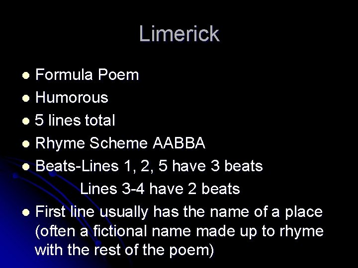 Limerick Formula Poem l Humorous l 5 lines total l Rhyme Scheme AABBA l