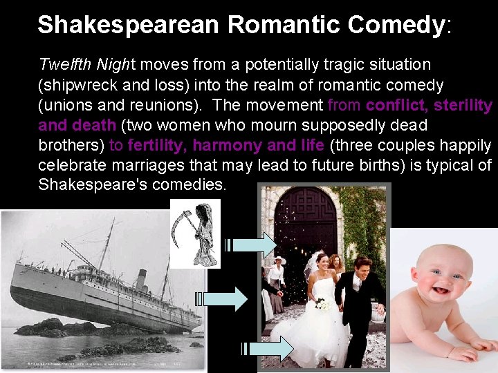 Shakespearean Romantic Comedy: Twelfth Night moves from a potentially tragic situation (shipwreck and loss)