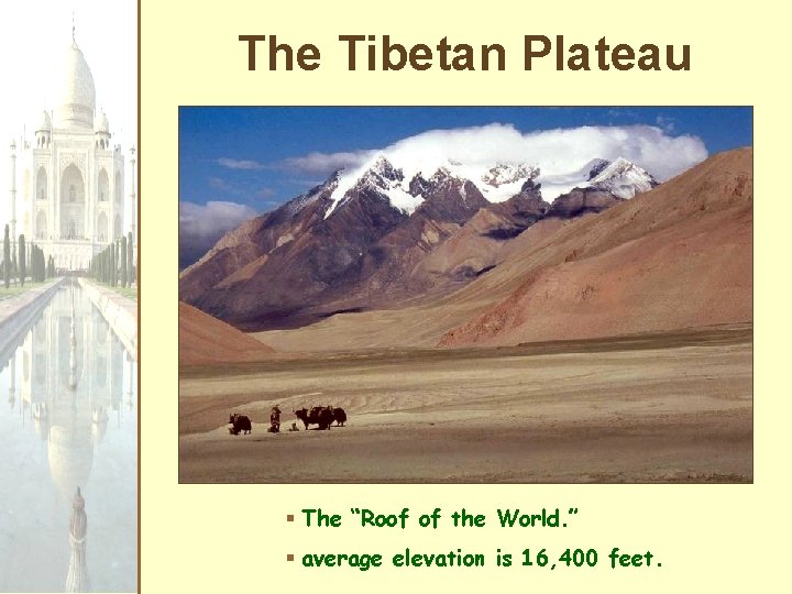 The Tibetan Plateau § The “Roof of the World. ” § average elevation is