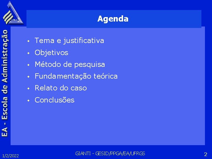 Agenda 1/2/2022 w Tema e justificativa w Objetivos w Método de pesquisa w Fundamentação