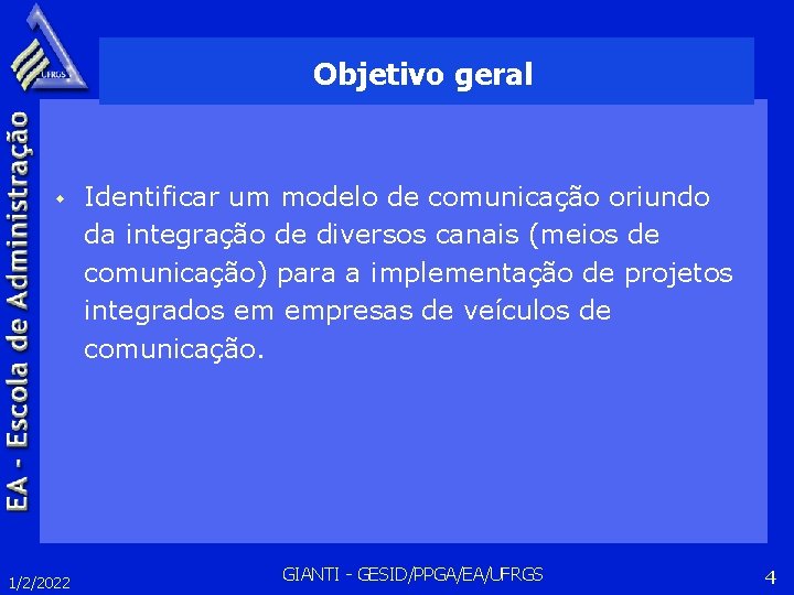 Objetivo geral w 1/2/2022 Identificar um modelo de comunicação oriundo da integração de diversos