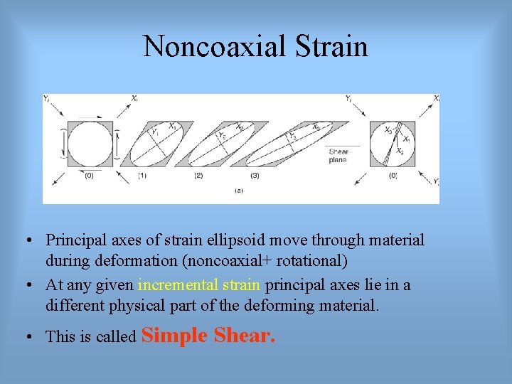 Noncoaxial Strain • Principal axes of strain ellipsoid move through material during deformation (noncoaxial+