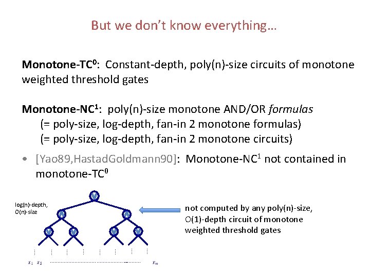 But we don’t know everything… Monotone-TC 0: Constant-depth, poly(n)-size circuits of monotone weighted threshold But we don’t know everything… Monotone-TC 0: Constant-depth, poly(n)-size circuits of monotone weighted threshold