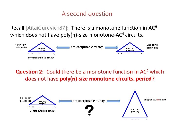 A second question Recall [Ajtai. Gurevich 87]: There is a monotone function in AC
