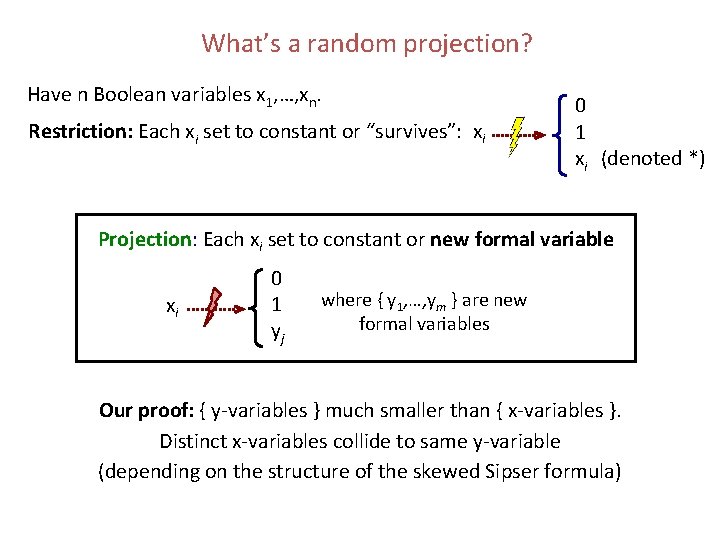 What’s a random projection? Have n Boolean variables x 1, …, xn. Restriction: Each What’s a random projection? Have n Boolean variables x 1, …, xn. Restriction: Each