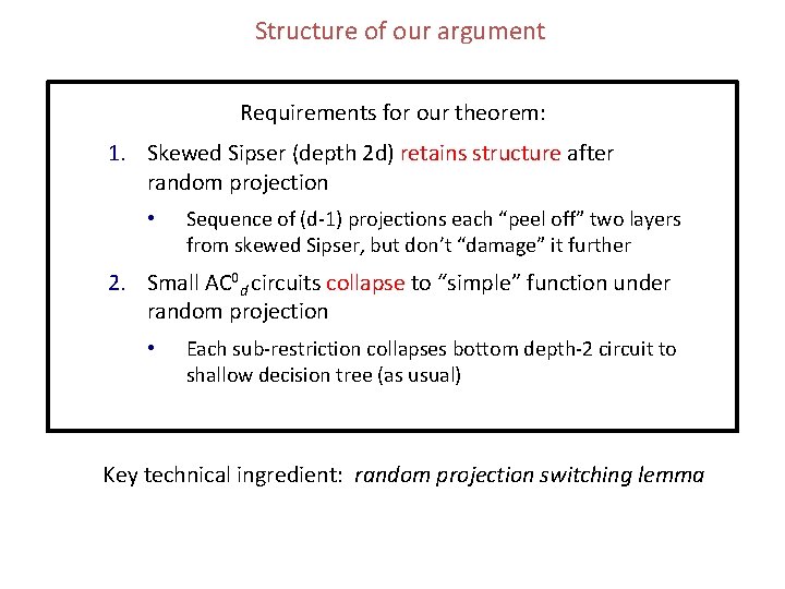 Structure of our argument Requirements for our theorem: 1. Skewed Sipser (depth 2 d) Structure of our argument Requirements for our theorem: 1. Skewed Sipser (depth 2 d)