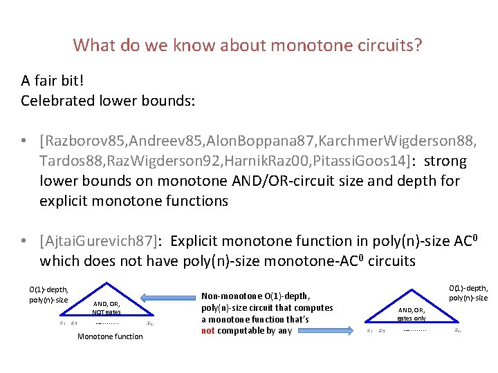 What do we know about monotone circuits? A fair bit! Celebrated lower bounds: • What do we know about monotone circuits? A fair bit! Celebrated lower bounds: •