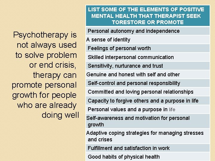 LIST SOME OF THE ELEMENTS OF POSITIVE MENTAL HEALTH THAT THERAPIST SEEK TORESTORE OR