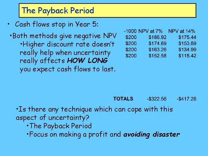 The Payback Period • Cash flows stop in Year 5: • Both methods give