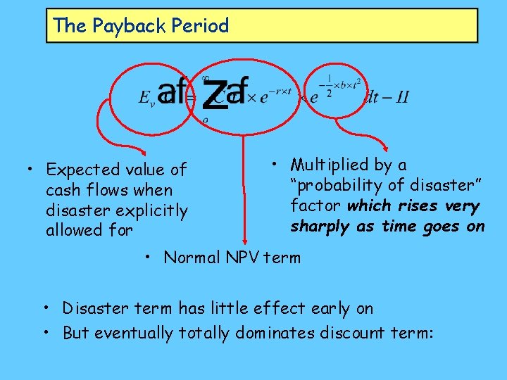 The Payback Period • Expected value of cash flows when disaster explicitly allowed for