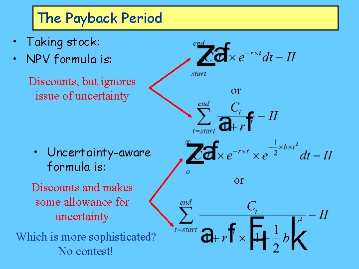 The Payback Period • Taking stock: • NPV formula is: Discounts, but ignores issue