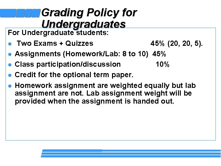 Grading Policy for Undergraduates For Undergraduate students: l Two Exams + Quizzes 45% (20,