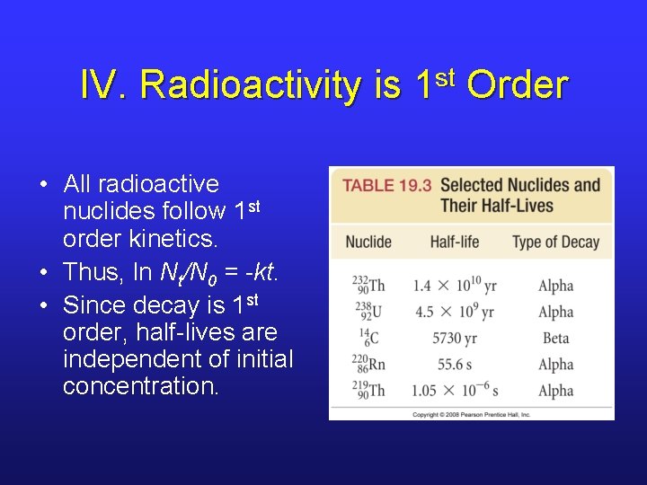 IV. Radioactivity is 1 st Order • All radioactive nuclides follow 1 st order