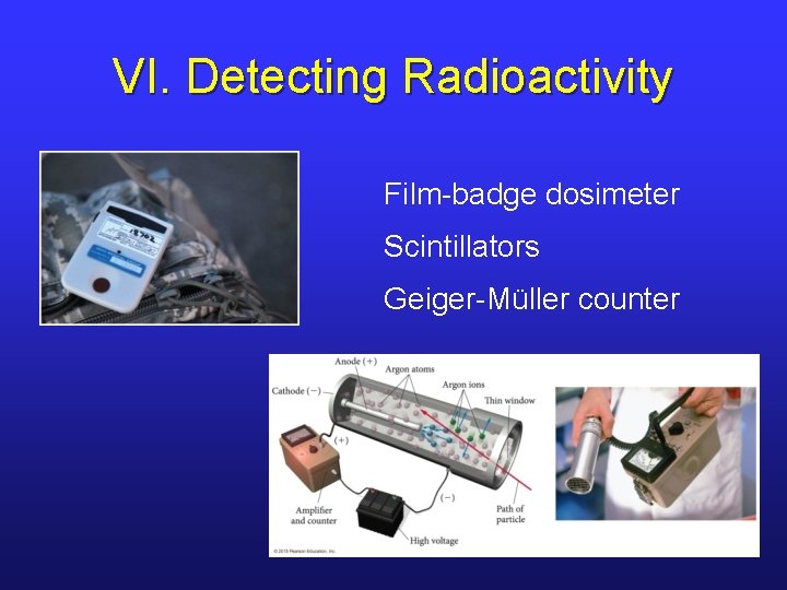 VI. Detecting Radioactivity Film-badge dosimeter Scintillators Geiger-Müller counter 