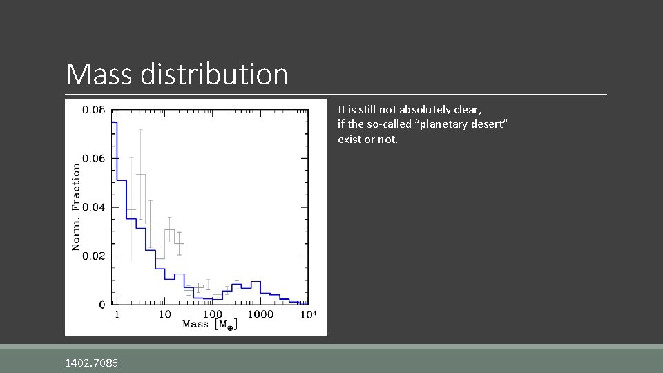 Mass distribution It is still not absolutely clear, if the so-called “planetary desert” exist