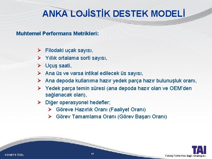 ANKA LOJİSTİK DESTEK MODELİ Muhtemel Performans Metrikleri: Ø Ø Ø Filodaki uçak sayısı, Yıllık