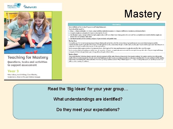 Mastery Read the ‘Big Ideas’ for your year group… What understandings are identified? Do